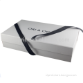 white color collapsible packaging box printed with black satin ribbon